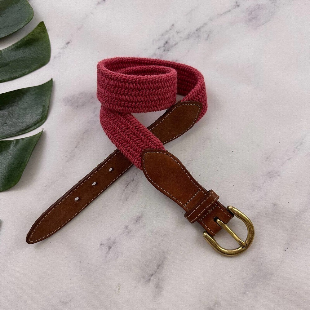 Lands End Vintage 90s Woven Stretchy Belt Size XS/S Pink Brown Leather Trim